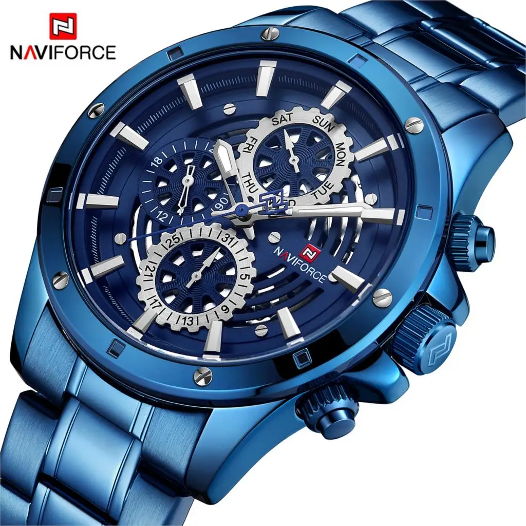 NAVIFORCE синие кварцевые мужские часы 3ATM водонепроницаемые из нержавеющей стали