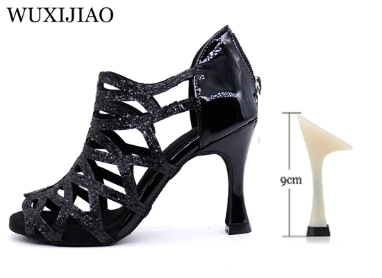 Black heel 9cm WUXIJIAO/Обувь для латинских танцев; женские туфли для вальса, сальсы, бальных танцев; zapatos de baile latino mujer; Цвет черный, красный; женская обувь - Цвет: Black heel 9cm