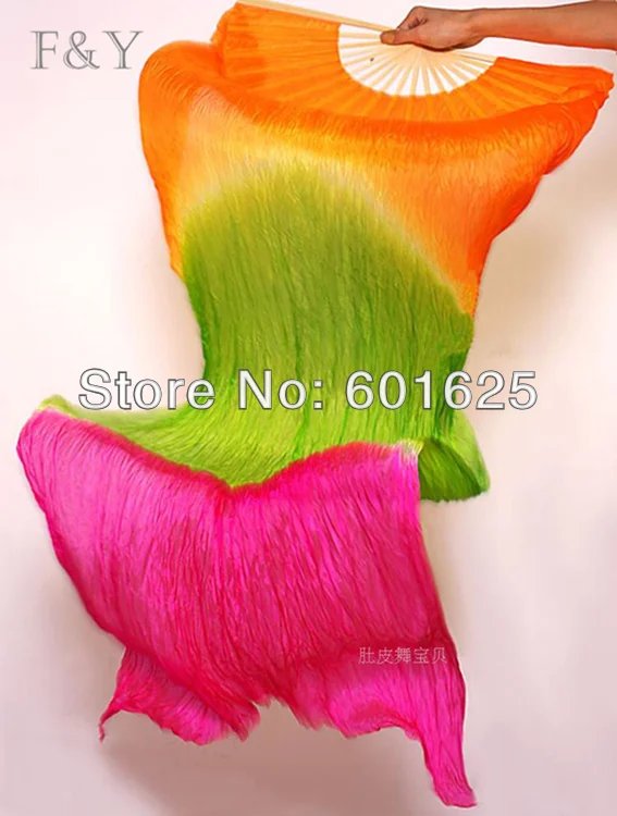 

Лидер продаж, длинный пламенный веер для танца живота оранжево-зеленого цвета в горизонтальную полоску из 100% шелка (# sf-hs)