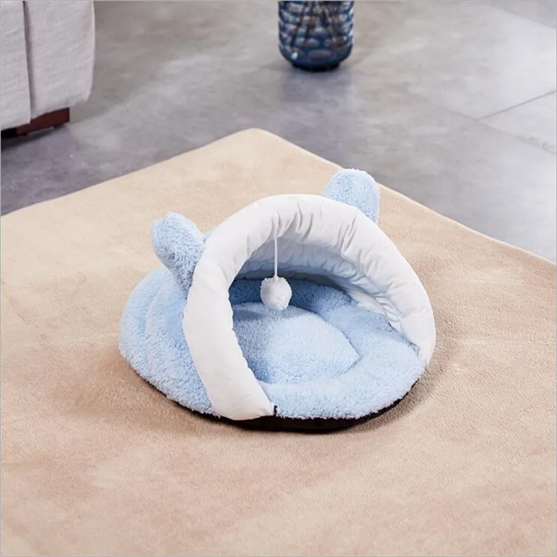 blue with ear Shu вельветовый зимний спальный мешок для питомцев, теплый коврик для питомцев, для щенков, собак, кошек, пещерный питомник, ветронепроницаемый подстилка для питомцев, 4 цвета и S-L размеров - Цвет: blue with ear