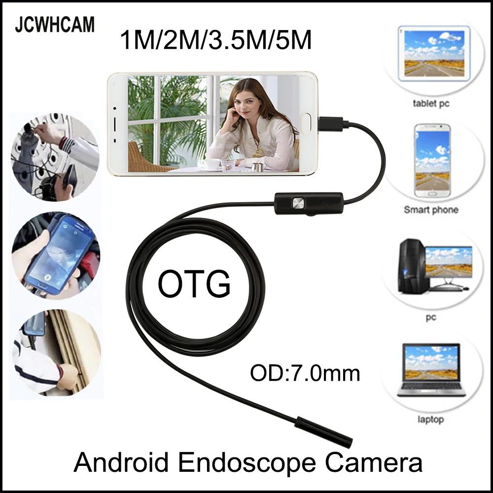 

JCWHCAM 5m 3.5m 2m 1m USB Android Endoscope Camera 7mm len Snake Pipe inspection Camera Waterproof OTG Android USB Endoscopy