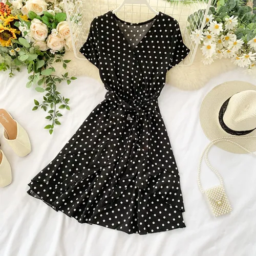 Black Vintage Polka Dot Print V Neck Ruffles Short Bandage Dress Chiffon Summer Party Women Casual High Waist Beach Dresses - Color: Black