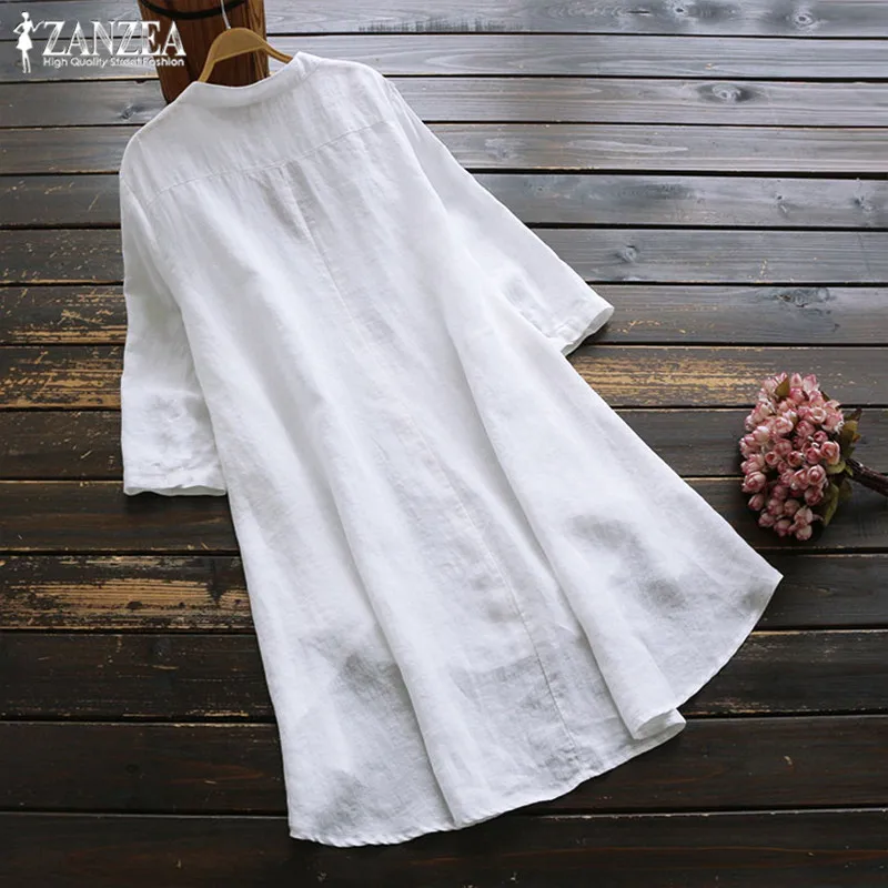 Размера плюс ZANZEA рубашка с вышивкой Vestidos Осенняя Женская однотонная с длинным рукавом хлопковая Рабочая длинная туника Топы Блузка Женская сорочка