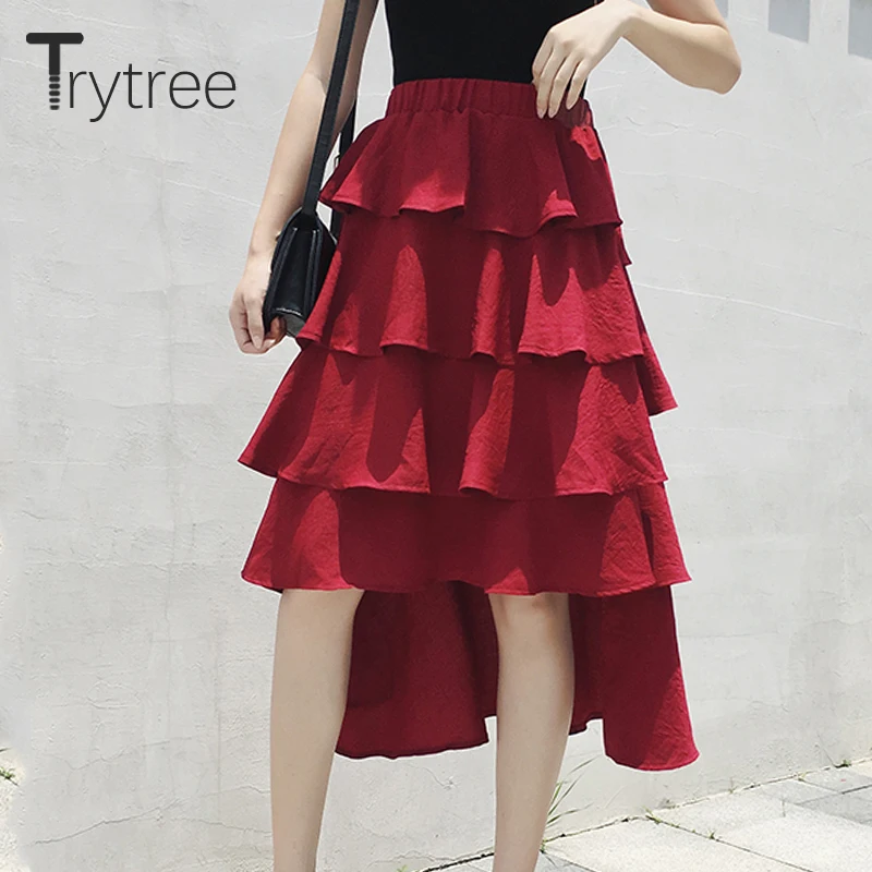 Trytree Летняя асимметричная Длина Женская юбка каскадные оборки эластичная талия
