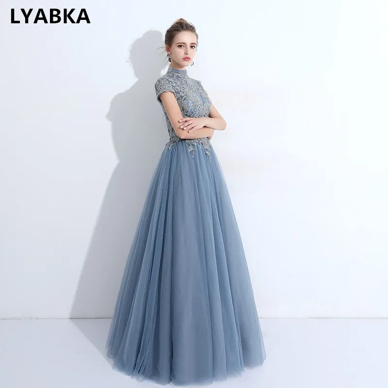 Вечернее платье длинное модное с высоким воротом коротким рукавом 2019|Вечерние