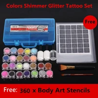 24 colors professional tattookit shimmer glitter beauty art makeup stencil brush glue diamond body paint set henna tattoo kit