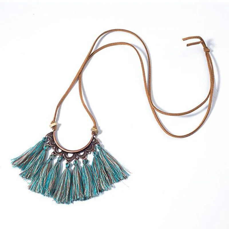 Summer Jewelry Mix Color Wool tassels pendant necklace Wood beads Long leather chian Bohemian BOHO for Women | Украшения и