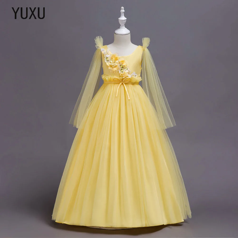 Gold Girls Sleeveless lace appliques Flower Girl Dress Christmas Tutu Dresses Princess Pageant Wedding Party | Детская одежда и
