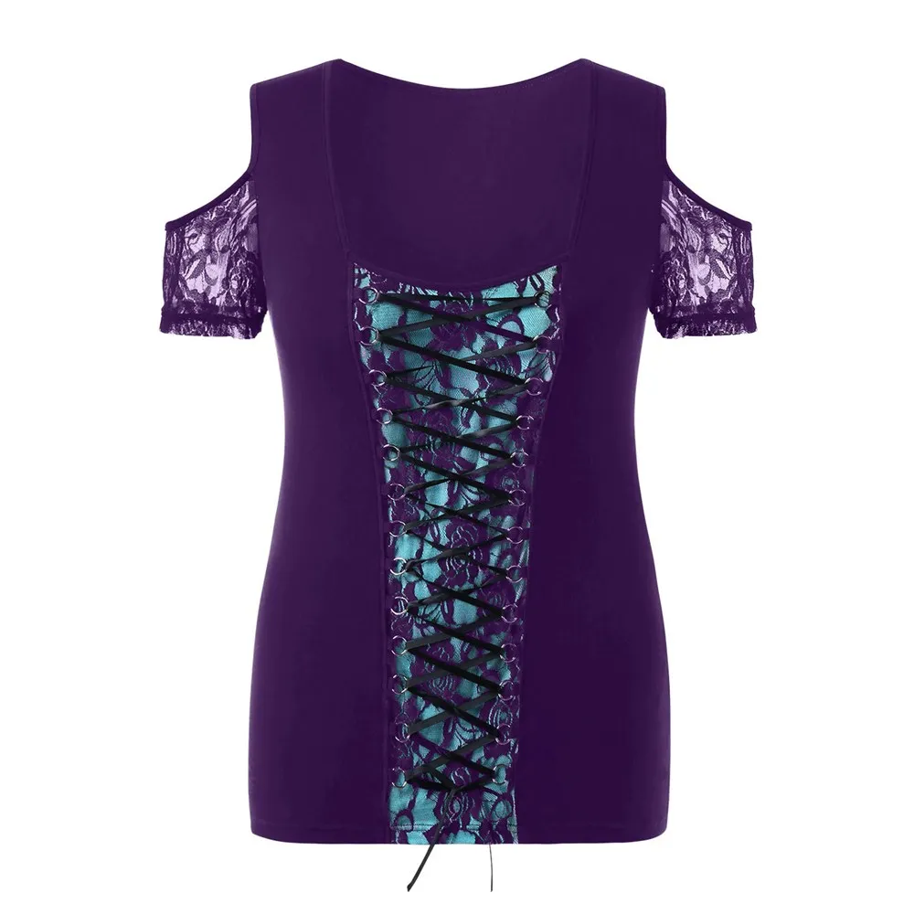 CosMera Sexy Scoop Neck Colder Shoulder Plus Size Cutout Lace Up T-Shirt Casual Short Sleeve Women Summer Tops Tee Shirt 2018 | Женская