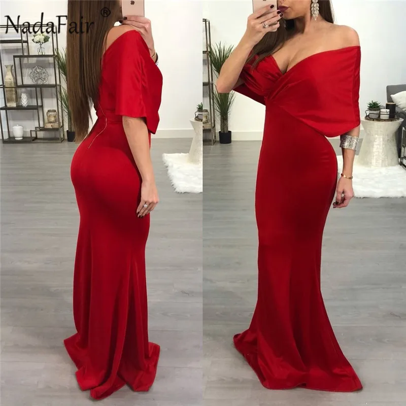 Красный Nadafair, с открытыми плечами, труба, женское, сексуальное, макси, вечерние, летнее, рукав летучая мышь, бодикон, длина до пола, длинное платье, Vestidos - Цвет: Красный