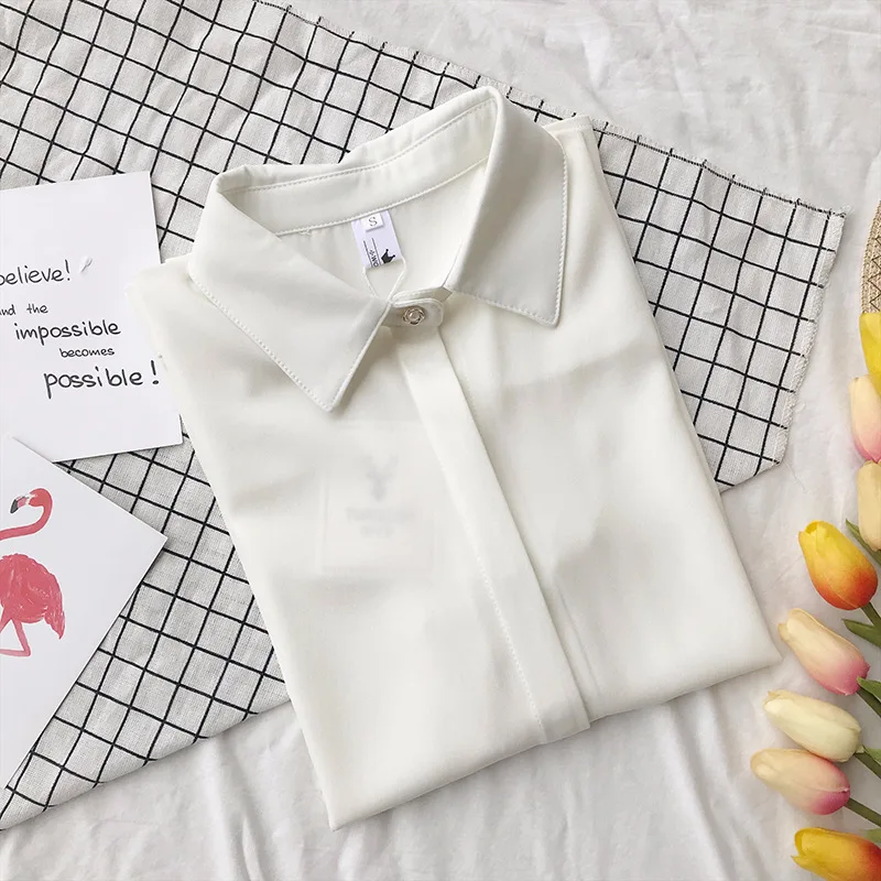 

2019 Plus Size Womens Long Sleeve Turn-Down Collar White Cotton Shirts Women Fashion Solid Femme Tops Office Shirts New S-2XL