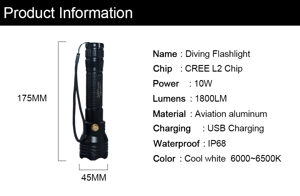 Фонарик для дайвинга USB Перезаряжаемый светодиодный фонарик мощный XM-L2 1800LM 10 Вт подводный прожектор Профессиональный погружной свет