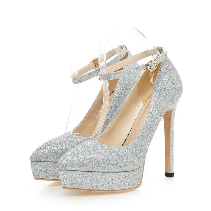 Spring New pattern fashion Cusp temperament Simplicity Sequins black sexy High-heeled Waterproof banquet marry Women Shoes 34-43