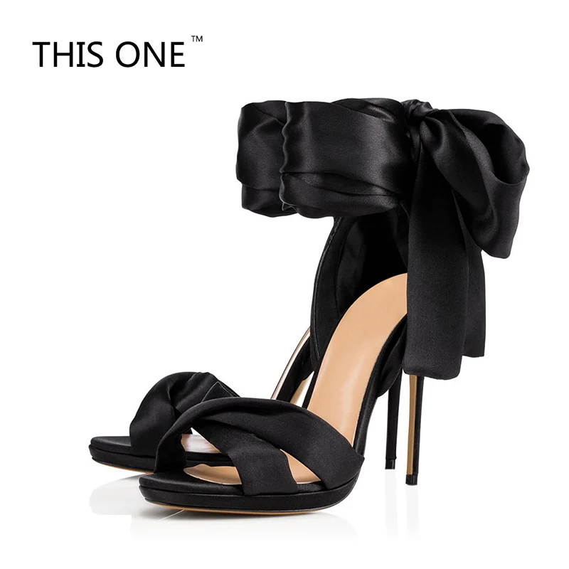 Женские пикантные Черные Атласные босоножки на высоком каблуке с ремешком