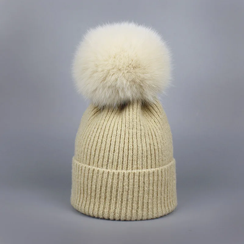 M Для девочек Pom Beanie теплая вязаная Bobble меховым помпоном шапка и шарф комплект натуральным лисьим мехом помпоном зимняя шапка skullies - Цвет: M