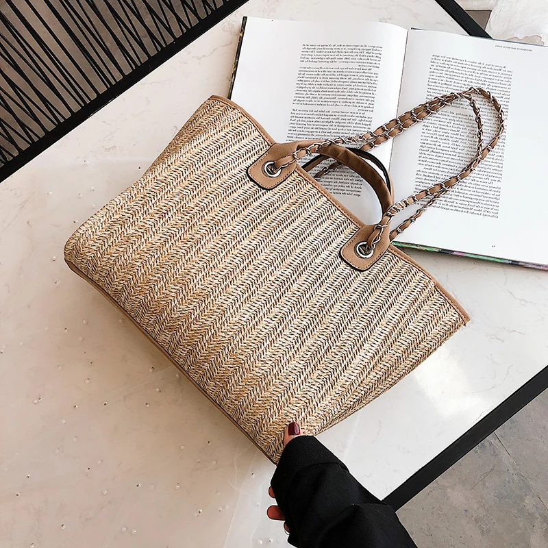 Women's Summer Bag New Style Large Capacity Chain One Shoulder Fashion Luxury Designer Simple Grass Woven Totes Handbag | Багаж и