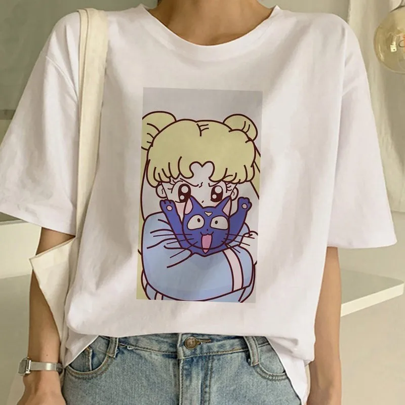 Сейлор Мун летняя новая модная футболка Женская Harajuku с коротким рукавом забавная футболка Ulzzang Милая футболка с котом Мультяшные футболки женские - Цвет: 1015