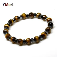 ymorl 8mm natural tiger eye stone bracelets hematite geometric bracelet for men and woman