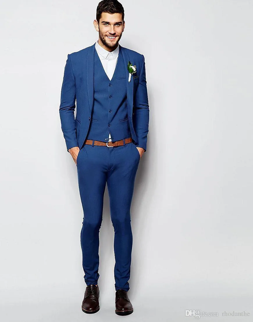2017 Модные королевские синие смокинги для мужчин, элегантный мужской костюм, Повседневная рабочая одежда, Блейзер, костюмы для выпусквечерние вечера, индивидуальные (пиджак + брюки + жилет + галстук)