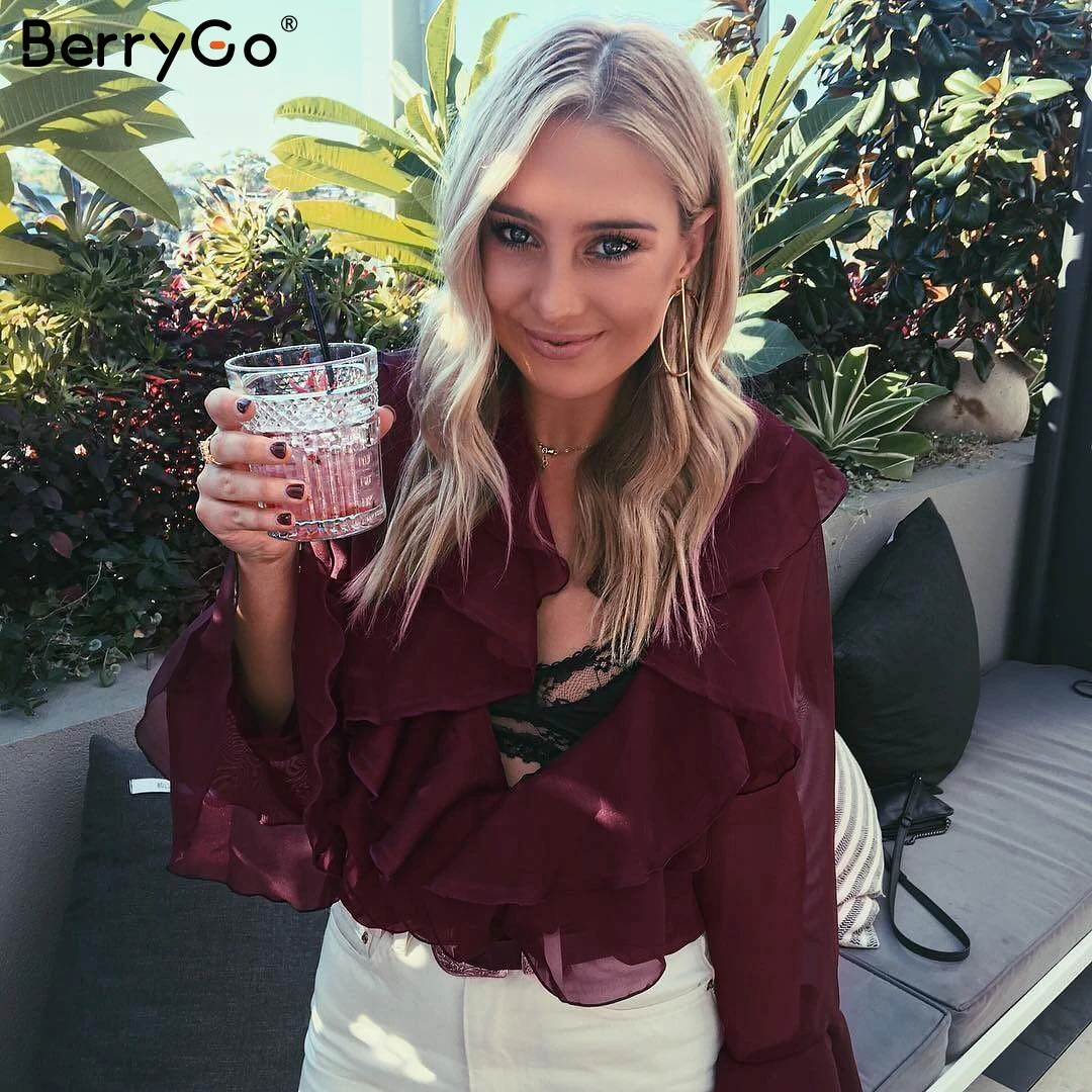 BerryGo сексуальная шифоновая блузка с v образным вырезом и рюшами рубашка Осень