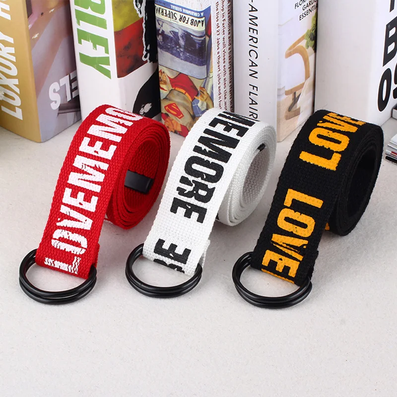 OFF White Harajuku Belt Red Letter Printed Fashion Unisex Double D Ring Canvas Strap Female Long Belts Jeans belts for women