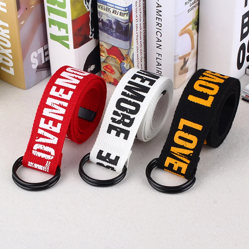 

OFF White Harajuku Belt Red Letter Printed Fashion Unisex Double D Ring Canvas Strap Female Long Belts Jeans belts for women