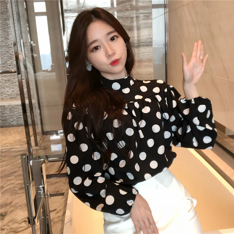 BGTEEVER Elegant Stand Collar Polka Dot Women Blouse Shirt Full Lantern Sleeve Chiffon Female Blouses 2018 Autumn Blusas |