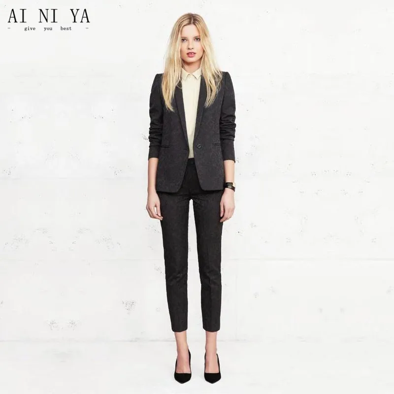 

Black Floral Slim Womens Business Work Suits Female Office Uniform Evening Tuxedo Ladies Formal Trouser Suits 2 Piece Blazer