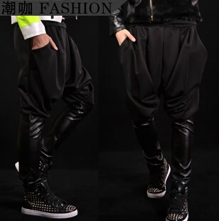

M-4XL 2016 Plus size men Black PU stitching trousers collapse pants harem pants casual performance singer nightclub cosutmes