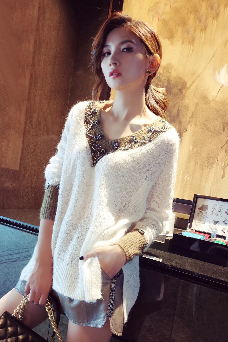 Europe and the United States 2021 new autumn fashion female loose wool turtleneck sweater collar V openwork Beaded | Женская одежда