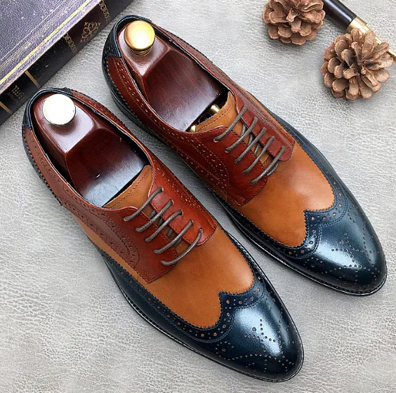 Модные мужские туфли-броги ручной работы из натуральной кожи с острым носком на