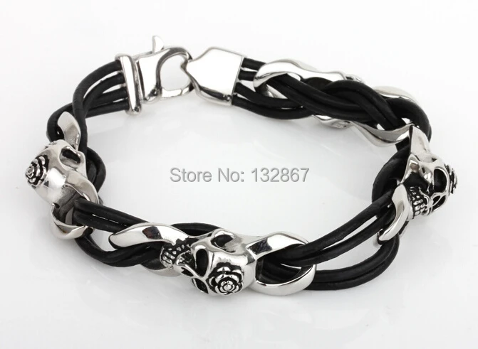 Браслет из натуральной кожи с черепами для мужчин и женщин украшение в