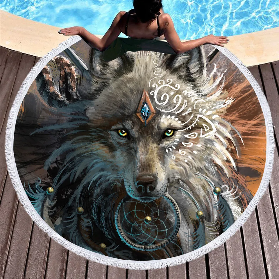 

Wolf Warrior by SunimaArt Round Beach Towel Adults Wolf Printed Microfiber With Tassel Towel Indian Blanket Large Native Toalla