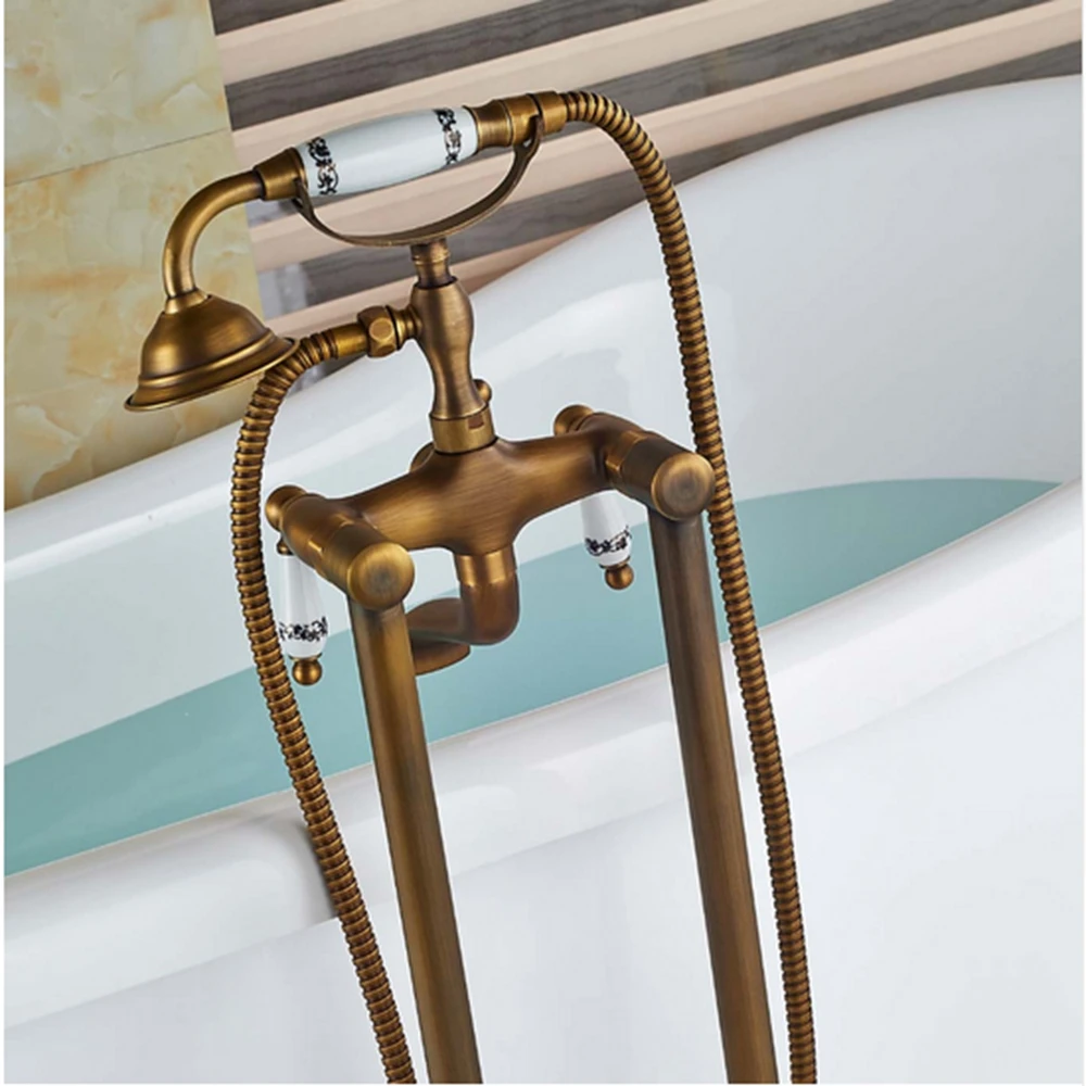 Античный латунный напольный смеситель для ванны с ручным распылителем душа