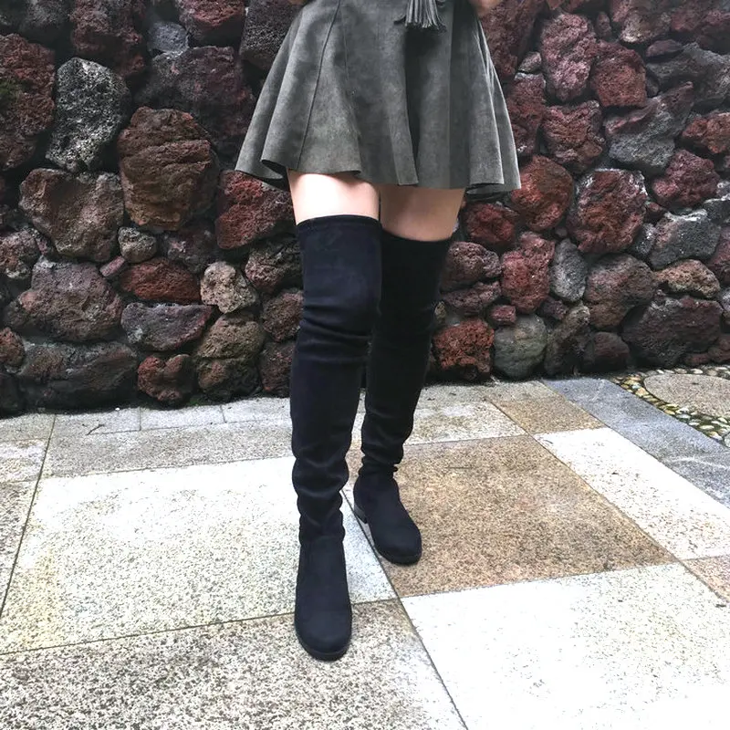 

Stretch Suede Thigh High Boots Women Over the Knee Boots Flat Sexy Fashion Fall Winter Big Size Shoes Black Gray