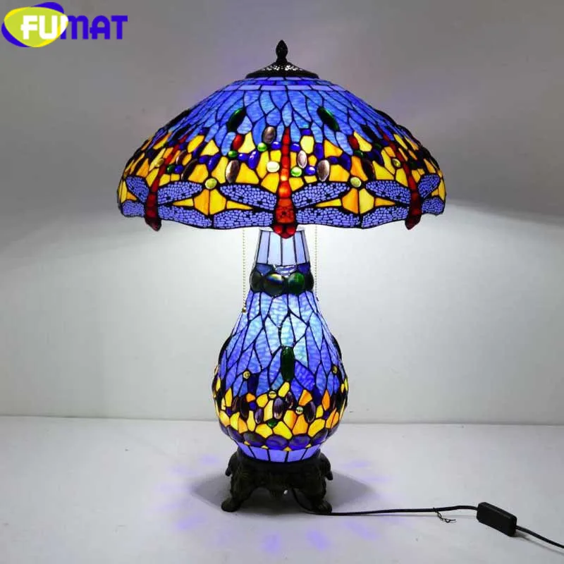 

FUMAT Stained Glass Shade Table Lamp For Bedroom Tiffany Style Bedside Lash Desk Light Dragonfly Home Art Decor Luminaria LED