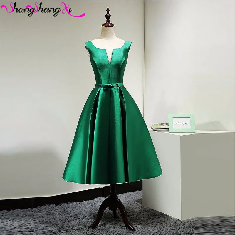 Зеленый Атласная Чай Длины Коктейльные Платья Лук Пояса Открыть Назад Короткие