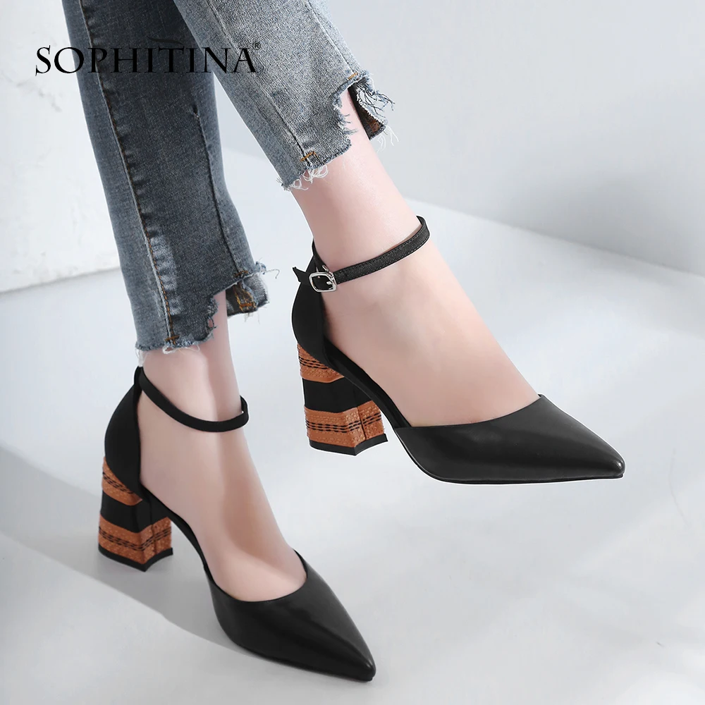 

SOPHITINA Women Pumps Party Unique Square Heels Cow Leather Pointed Toe Buckle Strap Pumps Handmade Fashion Shoes Women MO25