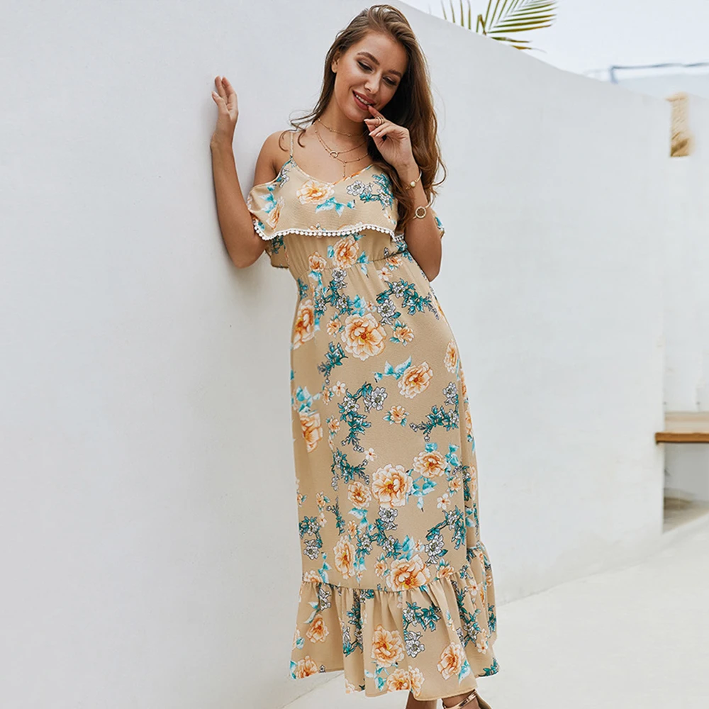 Женское пляжное летнее шифоновое платье с открытыми плечами и цветочным принтом