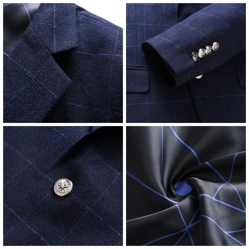 

JZ CHIEF Suit Men Wedding Men Suit Set Plaid Blue Blazer Slim Fit Coat Casual Suits Men 3 Pieces(Blazer+Pants+Vest) Jackets Men