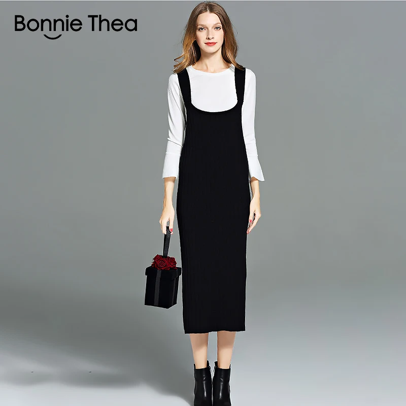 Женское вязаное платье-свитер Bonnie thea Элегантное Черное длинное платье на тонких