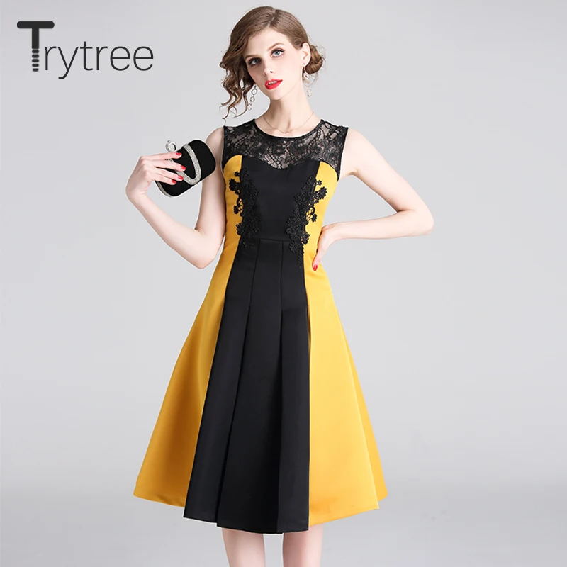 Trytree летнее уличное платье кружевное без рукавов ТРАПЕЦИЕВИДНОЕ женское желтое