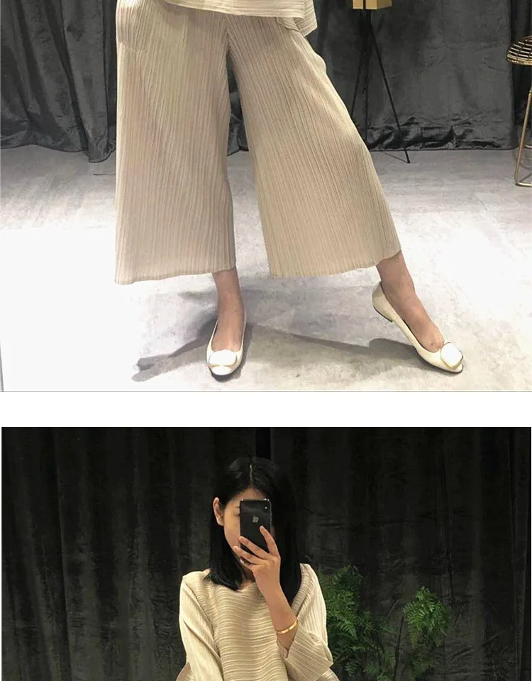 Changpleat свободные женские комплекты Miyak плиссированные модные однотонные свободные штаны и футболки из двух предметов женские костюмы плюс Размеры прилив
