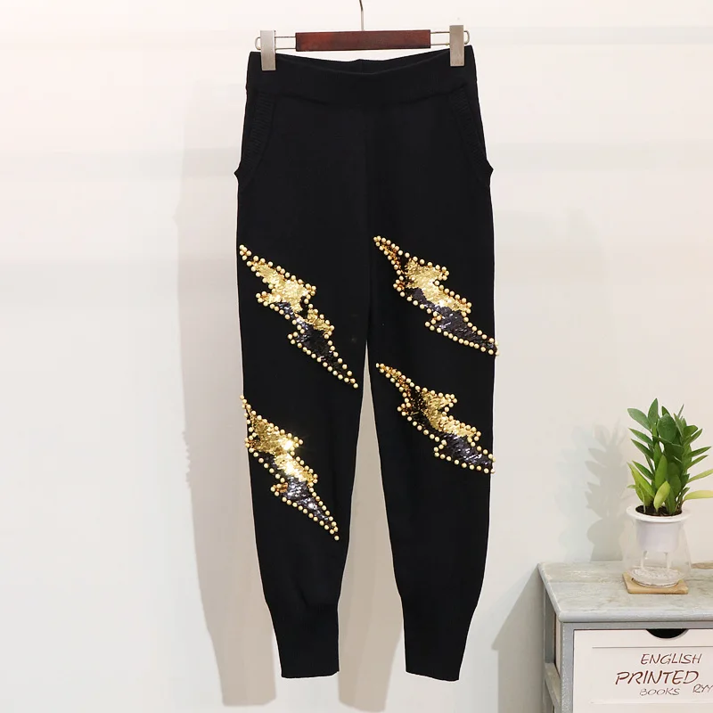 Для женщин ручной работы блестками бисер узор вязаный свитер + брюки 2 шт. костюмы