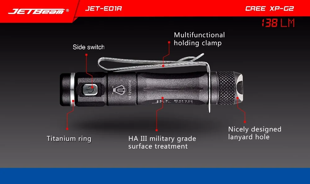 JETBeam E01R CREE XP-G2 138 Люмен USB Перезаряжаемый Водонепроницаемый светодиодный фонарик