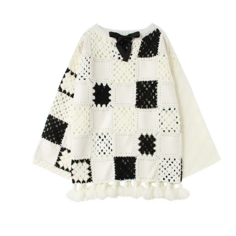 Осень-зима 2018 женские свитера и пуловеры черный белый квадратный кожаный вязаный