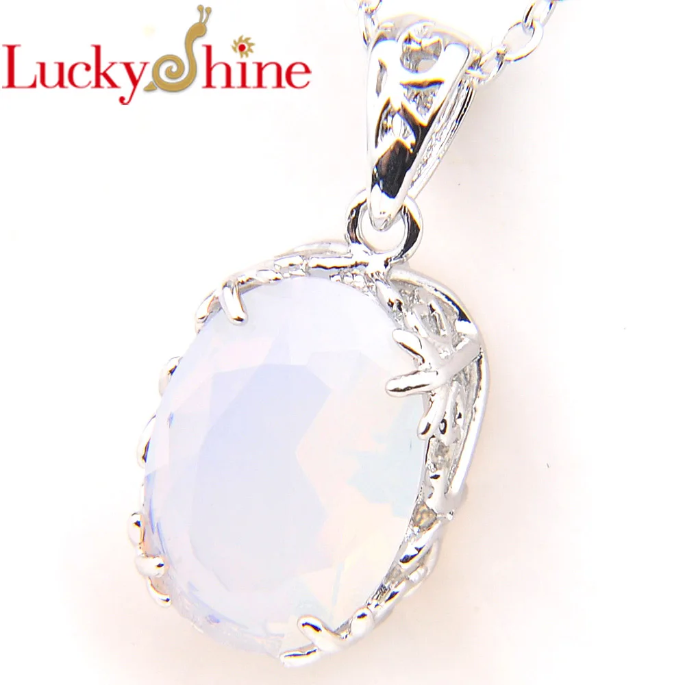 Фото Luckyshine новый овальный огненный лунный камень посеребренные Свадебные Подвески Россия, США, Австралия Подвески Ожерелья №1