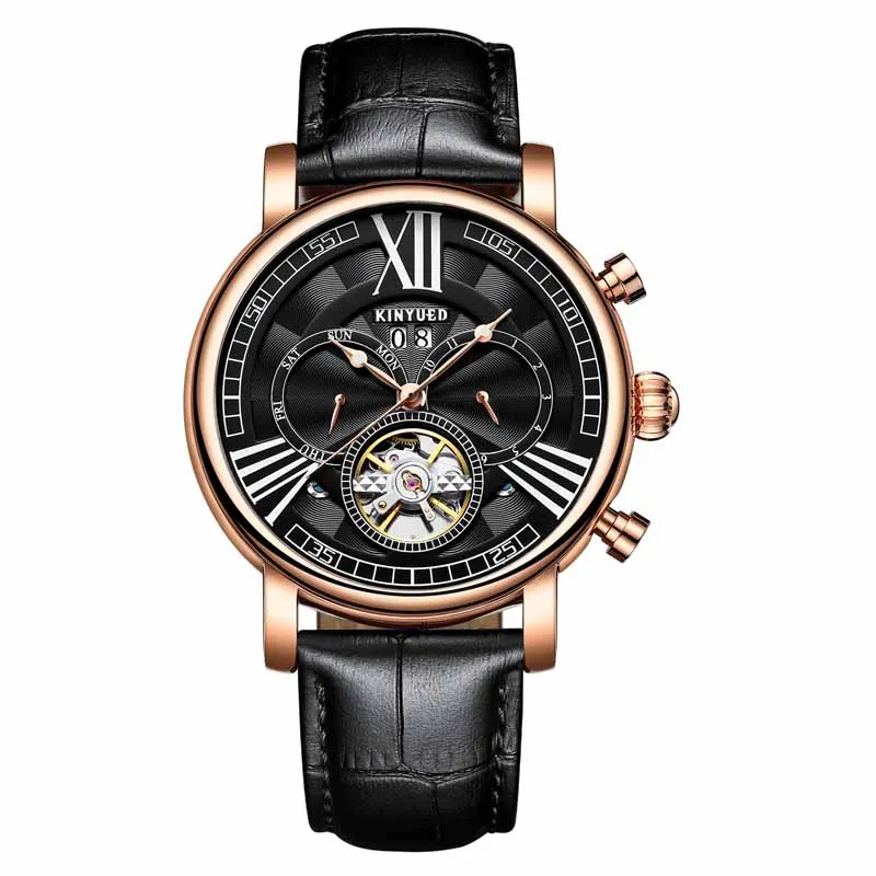 Gold Black KINYUED модные брендовые автоматические часы мужские механические деловые часы вечный календарь армейские военные мужские часы reloj hombre - Цвет: Gold Black