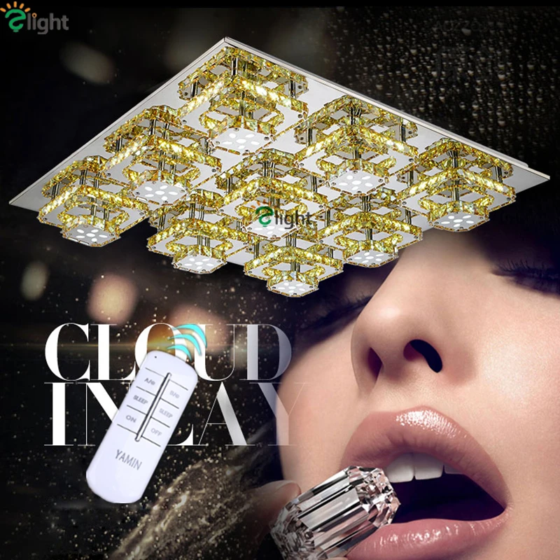 

Remote Control Dimmable Square Led Ceiling Light Double Rows Lustre De Cristal Lighting Modern Plated Steel K9 Crystal Light