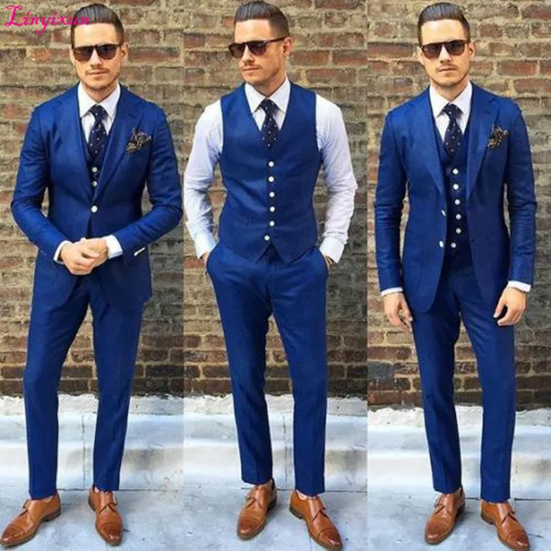 

Linyixun Custom Made Royal bule Men Suit 2021 Tailor Made Suit Groom Tuxedos Light black Men Suits Wedding Groom Best Man Blazer